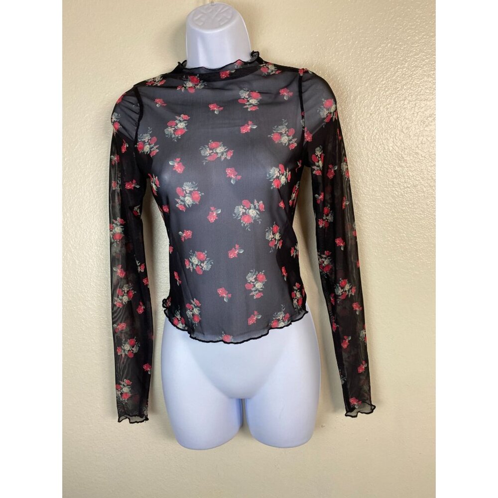 Noisy May Sheer Black Mesh Floral Long Sleeve Top‎ Womens Size XS tattoo Y2K 90s